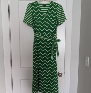 Green and White Chevron Midi Wrap Dress